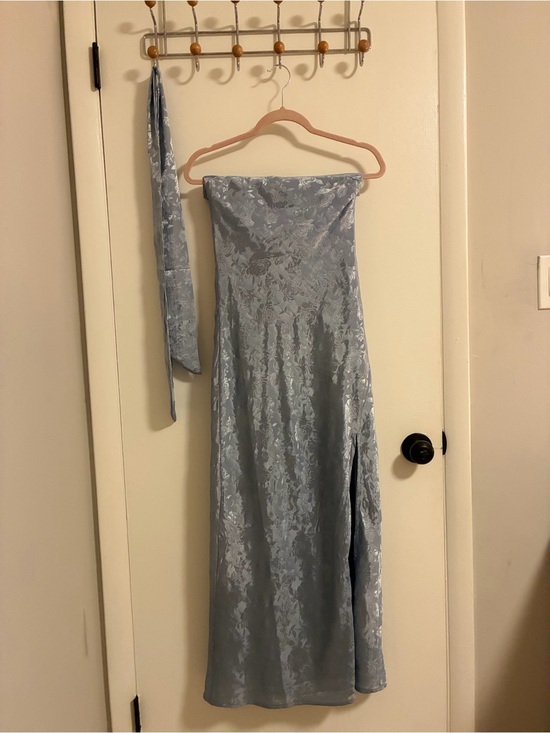 Thirty Thirty Dresses & Skirts - Strapless Floral Light Blue Jacquard Maxi Dress with Side Slit